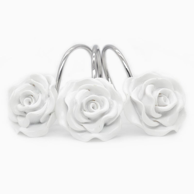 BEAVO Shower Curtain Hooks, Home Decorative Rustproof Shower Curtain Hooks Resin Rose Flower Shower Hooks Rings for Bathroom Shower Rods Curtains,Set of 12 Hooks (White) - Image 2
